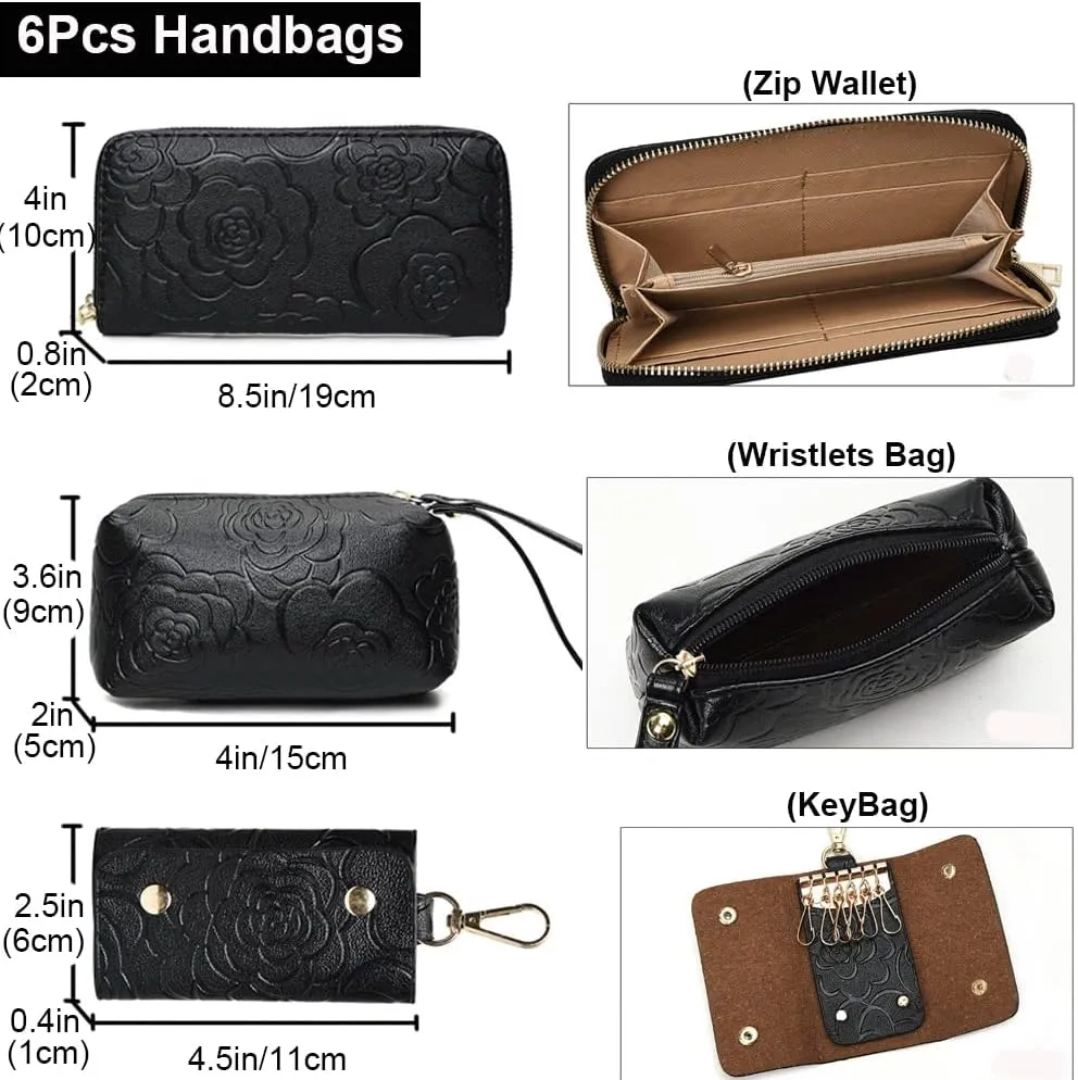 ZiMing Women Handbags Set 6Pcs Floral Print Leather Purses Tote Bags Top Handle Handbag Satchel Shoulder Crossbody Bag Wallet